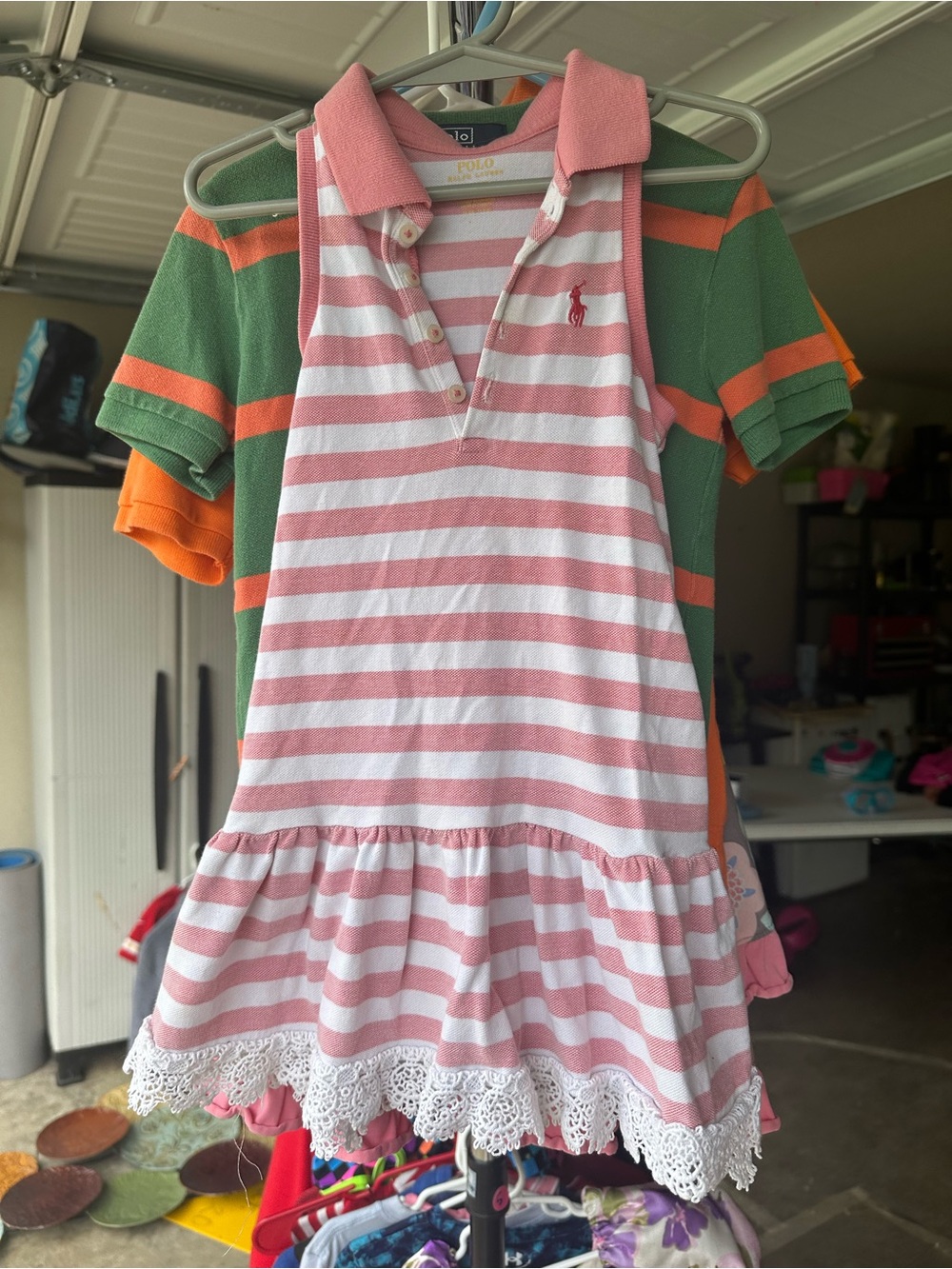 Polo by Ralph Lauren Pink & White Striped Polo Dress with Lace Trim